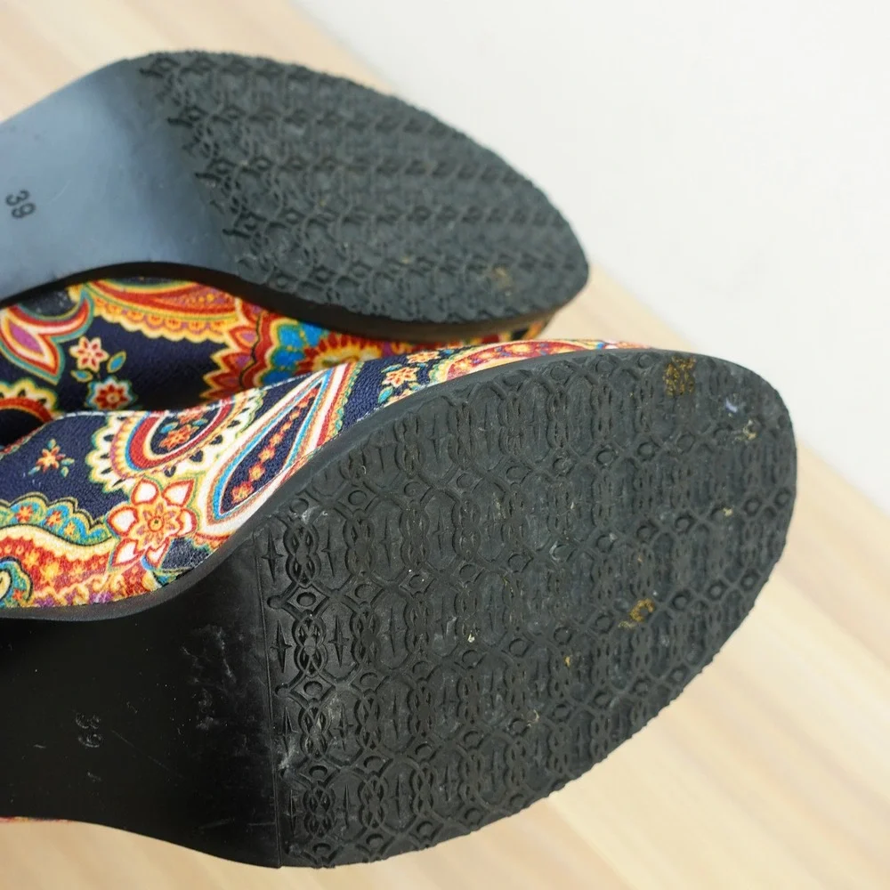 Paisley Mary Jane Pumps Womens 8 Blue Boho Festival Block Heel Artisan SOCOFY 39